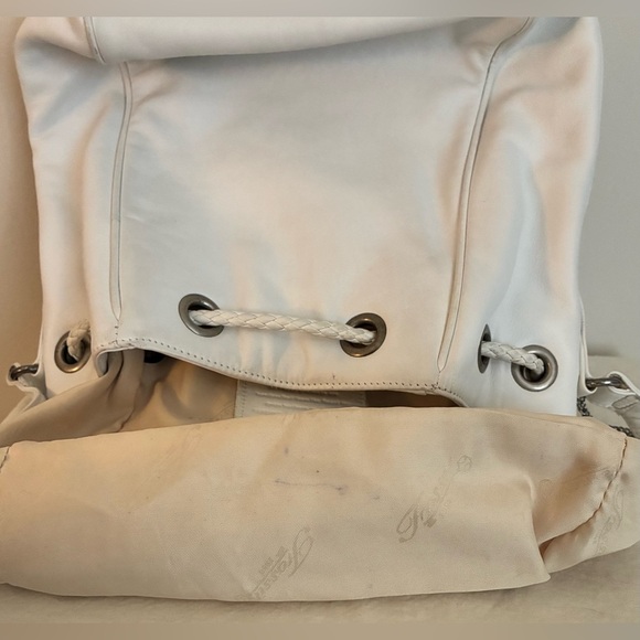 Vintage Fossil White Leather Bucket Purse w/Braided Drawstring & Silver Accents - Picture 6 of 16